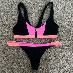 Black and Pink Zipper Bikini Set